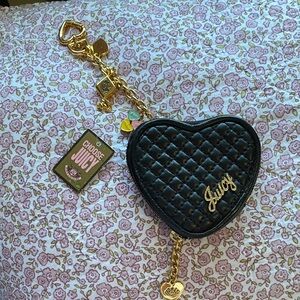 Juicy Couture Gold and Black Quilted Heart Bag Charm/Coin Purse